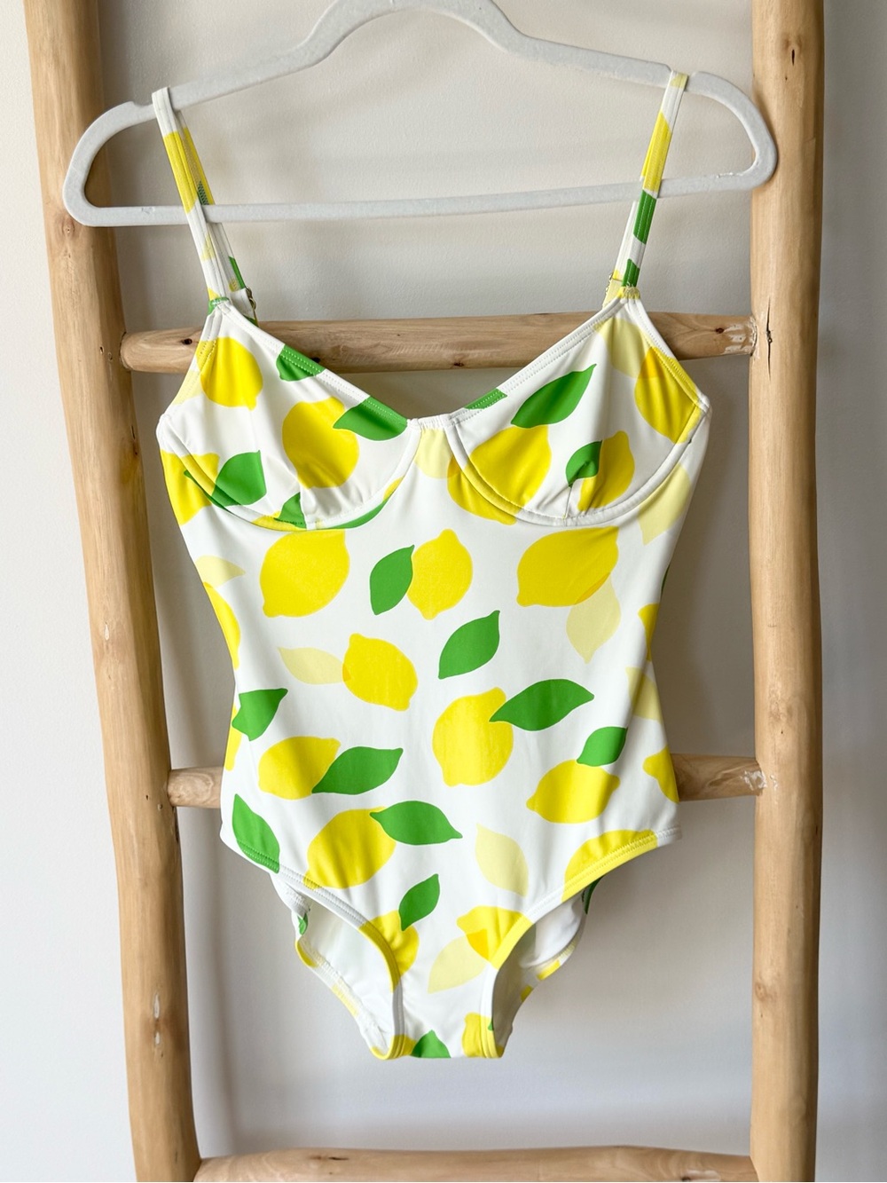 Kate Spade New York White Yellow Lemon Print One Piece Swimsuit Bathing Suit M